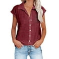 thumbnail image 2 of Wycnly Womens Blouses and Tops Dressy Beach Casual Loose Comfy Breathable Button Down Cotton Linen Cardigan Shirts Summer Solid V-Neck Short Sleeve Cute Tees Tops Wine XXL, 2 of 6