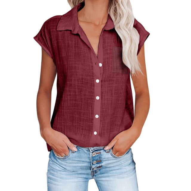 Timegard Chemises pour Femmes à Boutons Manches Courtes Coton Lin Ample Couleur Unie Été Décontracté Hauts Tee