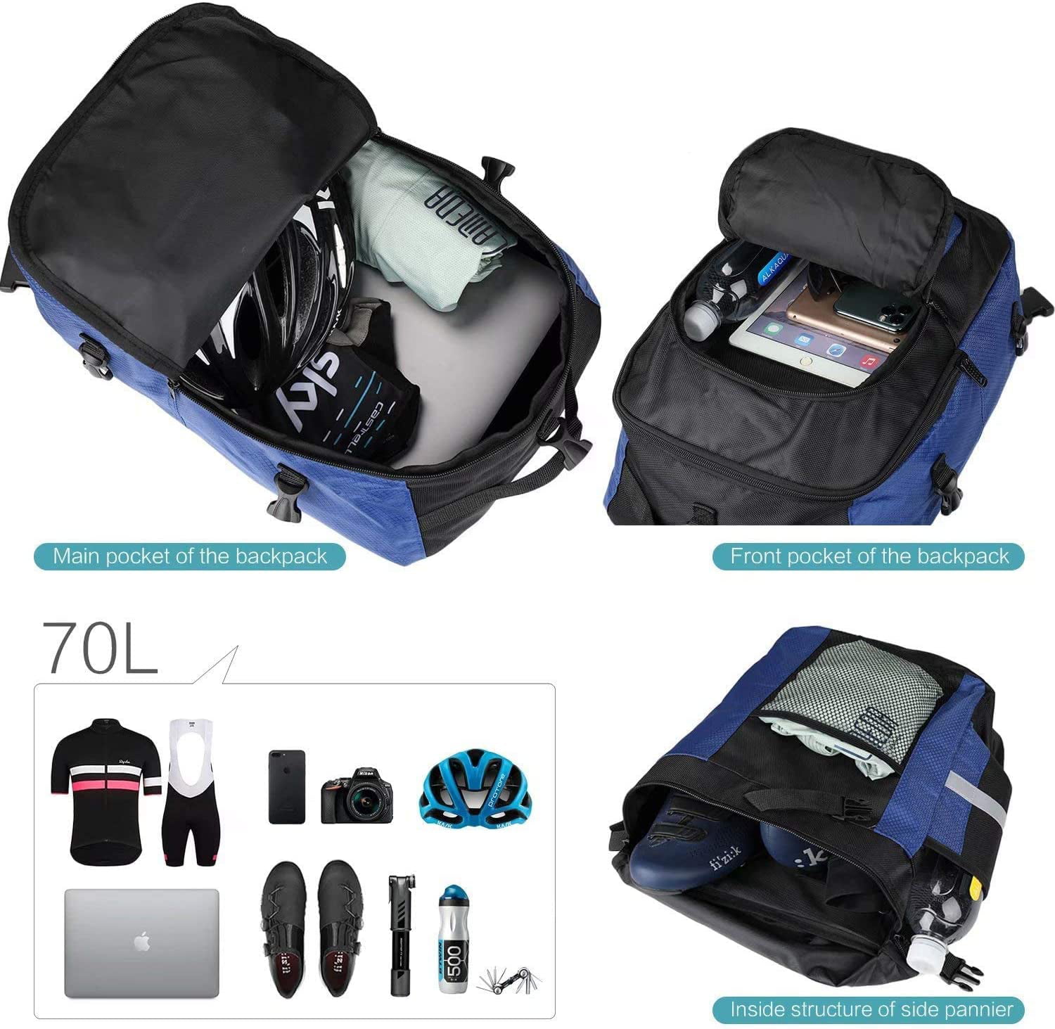 70L MTB  3 in1 Bike Bag 2 Side Hand-Carry 1 Backpack Top Bag Pannier Bags NEW 