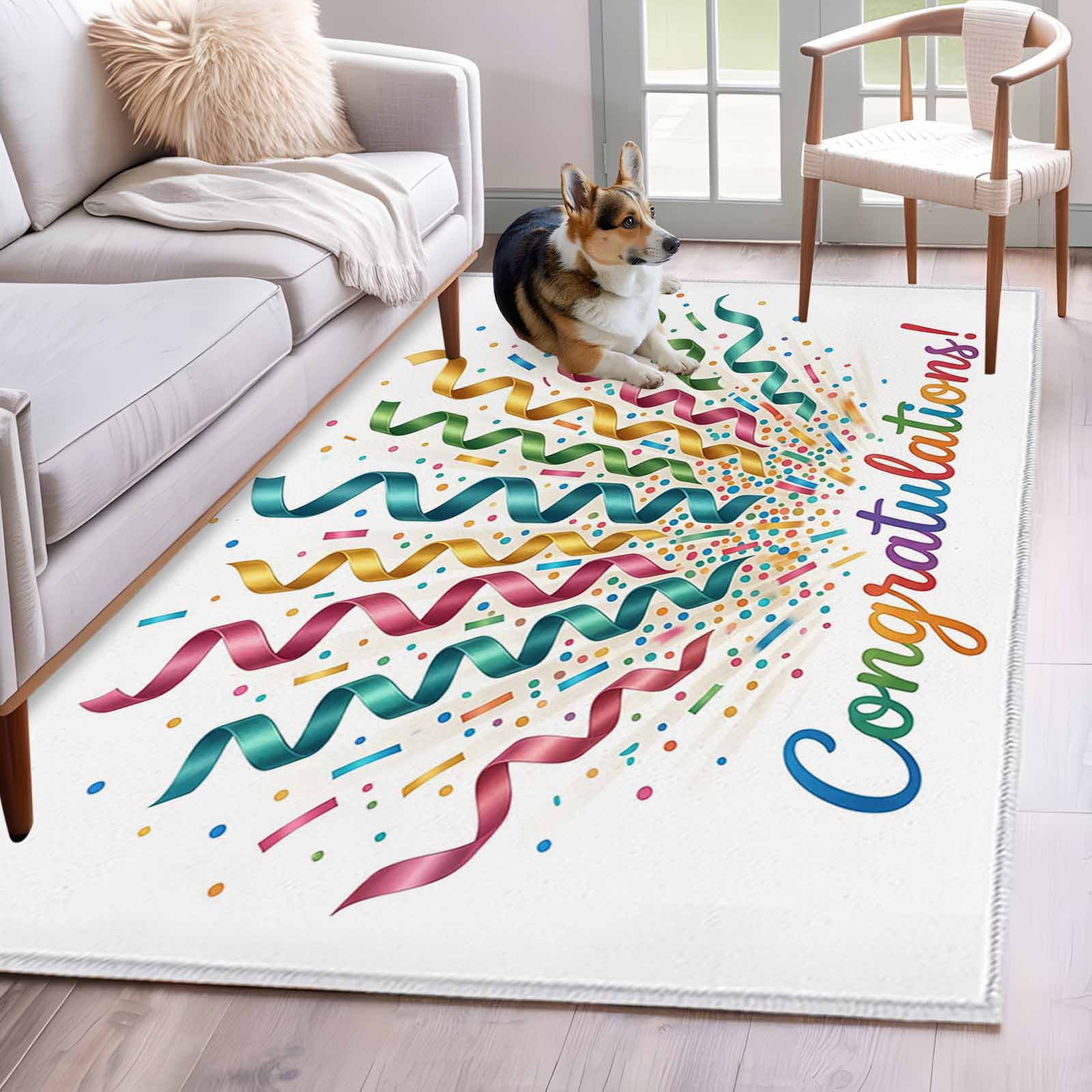 Rectangle Rug 4x6ft Area Rug Celebration Colorful Ribbons Area Rugs for Living Room Bedroom Joyful Congratulations Text Floor Mat Non-Slip Non-Shedding Carpet Indoor Accent Rugs