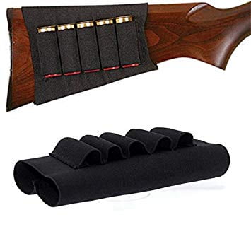 Yosoo Shotgun Rifle Buttstock Hunting Cartridge Holder, Black Elastic Shotgun Buttstock Ammo Pouch Magazine Holder with 5 Shells
