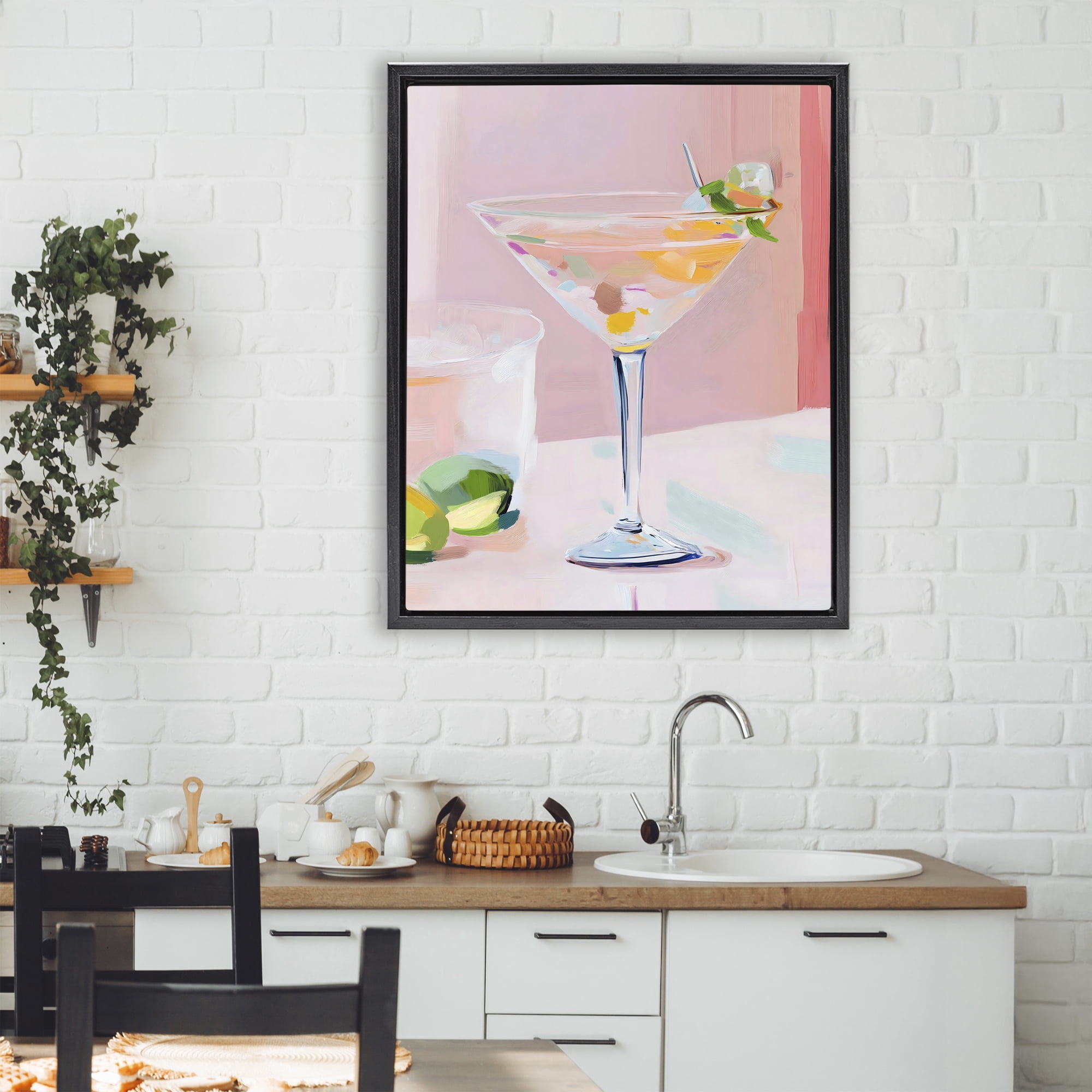 Stupell Industries Pink Martini Bar with Lime Black Framed Floater Canvas Wall Art, design by The Prints Vibe