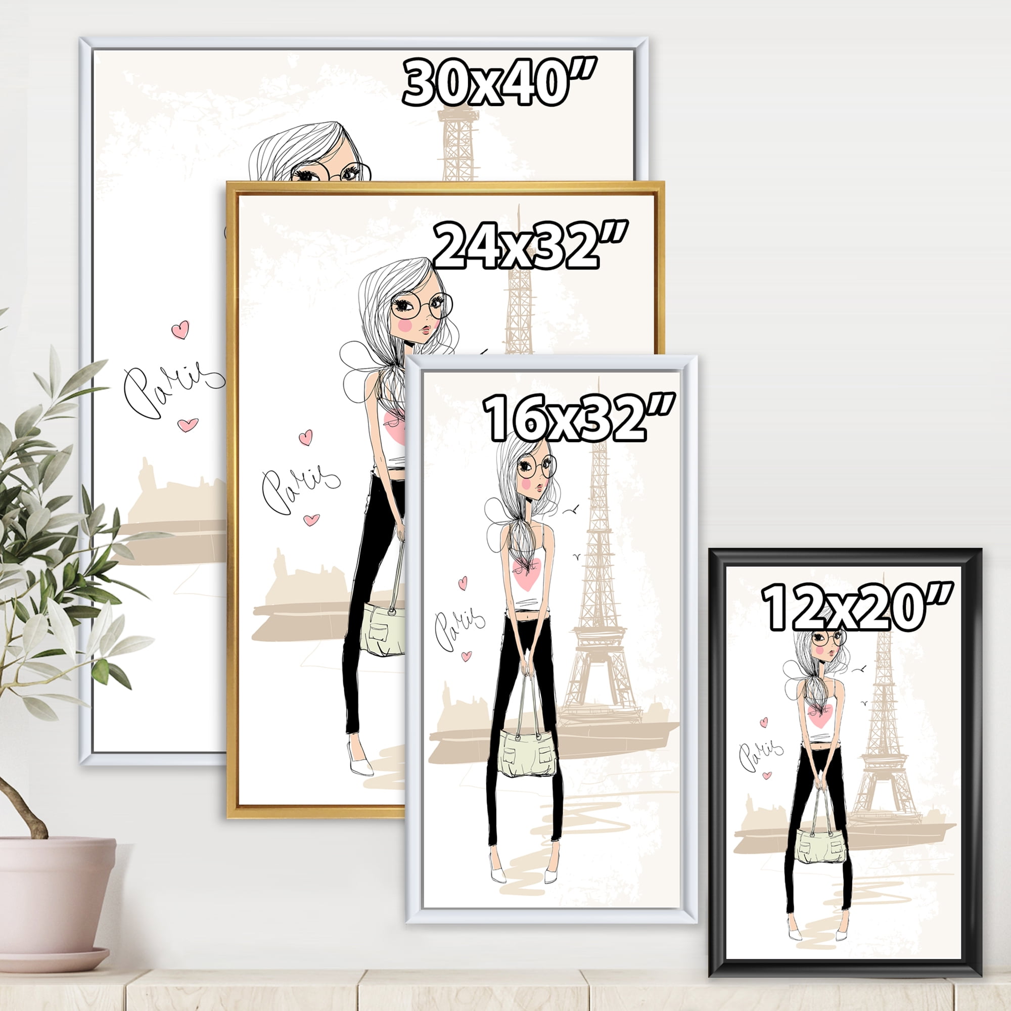 Designart 'Cute Girl By The Tour Paris Eiffel Tower' Children's Art Framed Canvas Wall Art Print
