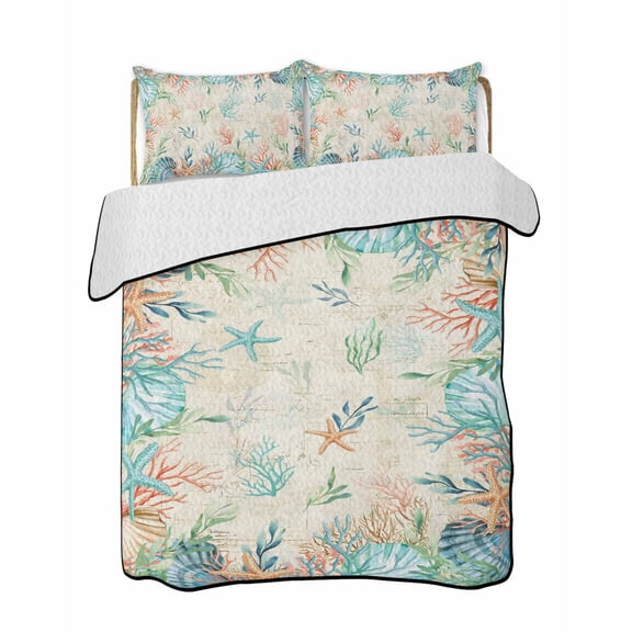 Twin XL Quilt Bedding Set, Beach Coastal Reversible Summer Quilt 3 Pieces, Summer Coral Starfish Nautical Ocean Vintage Lightweight Bedspreads Coverlets with 2 Pillow Shams for All Seasons