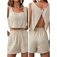 thumbnail image 3 of Womens 2 Piece Outfits Lounge Matching Sets Two Piece Linen Shorts Crop Tops Trendy Clothes Summer Vacation Set Khaki L, 3 of 7