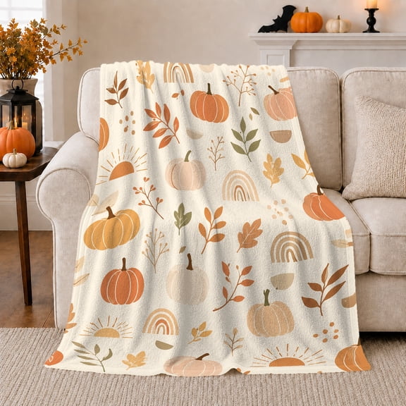 Boho Pumpkin Rainbow Flannel Blanket with Cream Background, Sun Shapes, Neutral Leaves, Modern Fall Throw for bedroom and Study Room, Home Decor Gift for Autumn Fans