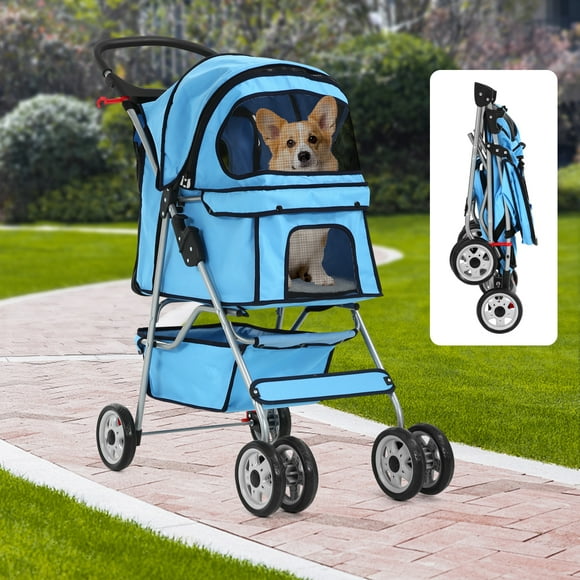 Dkelincs Poussette pour Animaux à 4 Roues, Poussette Pliante pour Chat et Chien, Transporteur de Voyage avec Porte-Gobelet et Panier de Rangement, Bleu