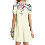 Sakmal Mid-Length Summer Dresses for Women Crew Neck Floral Short Sleeve Basic Loose Fit Sundress