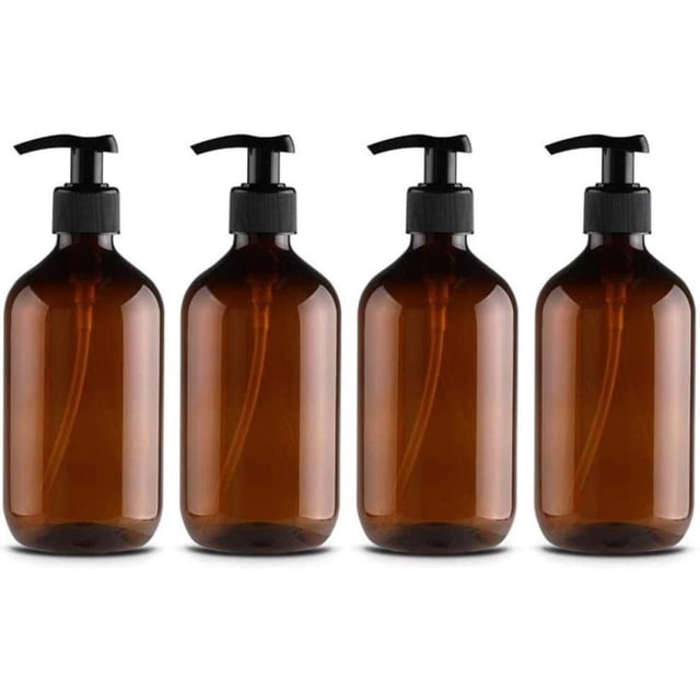 Botellas vacías de gel de ducha de 300 ml, rellenables con dosificador para lociones y champús, paquete de 4, color marrón