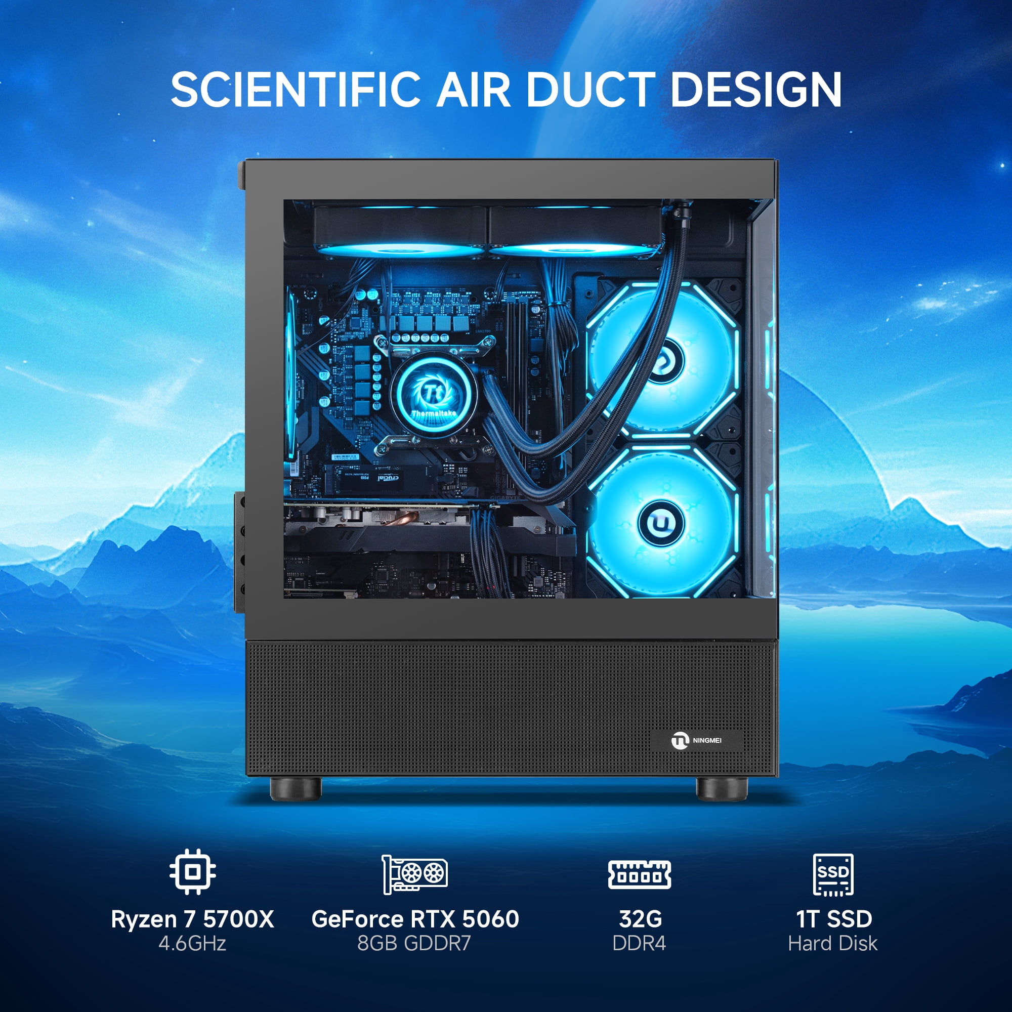 Ningmei Gaming PC Desktop Ryzen7 5700X RTX 5060 32GB DDR4 1TB SSD Liquid Cooler Win 11 WiFi
