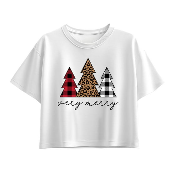 Instant Message - Very Merry Plaid Leopard Trees - Youth Girl Short Sleeve Boxy Tee