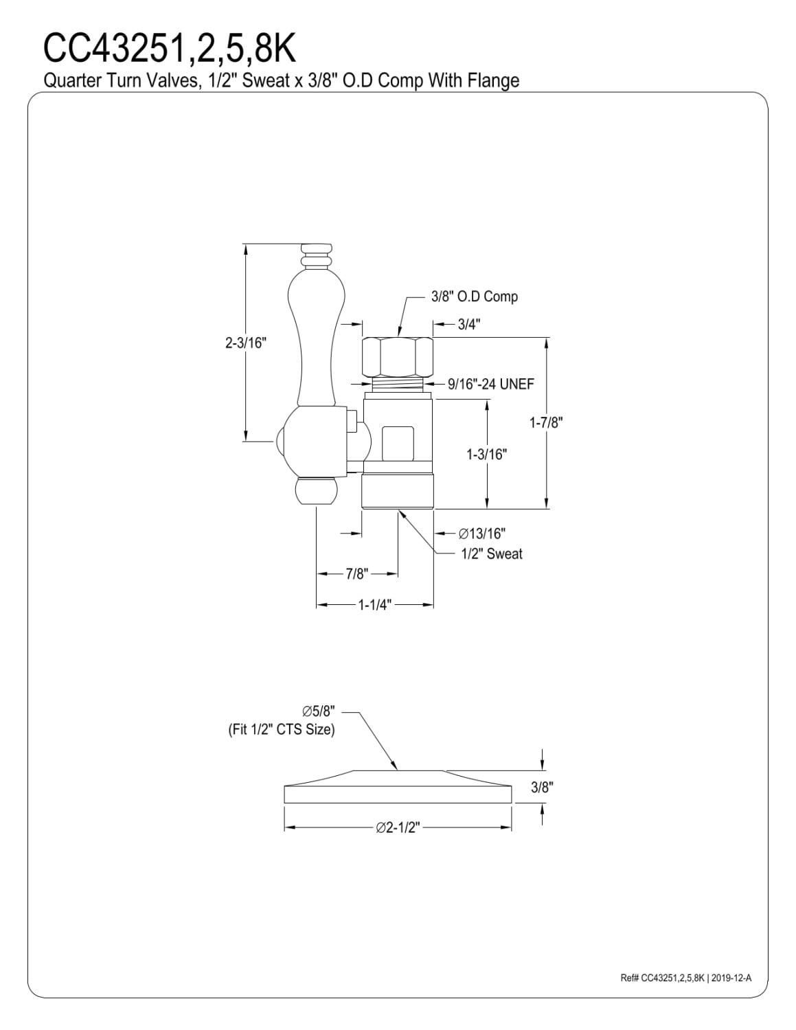 Kingston Brass CC43251K 1/2" Sweat x 3/8" O.D. Comp Straight Stop Valve with Flange, Polished Chrome