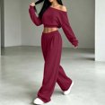 thumbnail image 5 of BRELIL Women's Two Piece Outfits Sets Long Sleeve Crop Top Wide Leg Elastic Waist Pants Casual Lounge Matching Tracksuit Fall Travel Vacation Loungewear, Wine M, 5 of 7