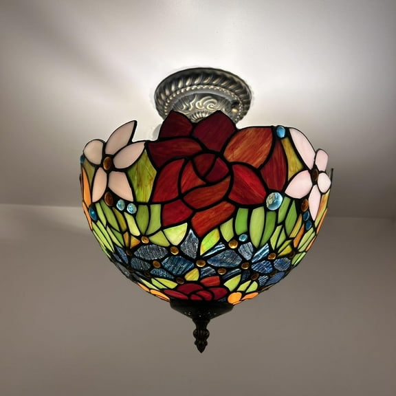 Tiffany Ceiling Lights Fixture Red Orange Blue Stained Glass Rose Flowers LED Bulbs Included for Living Room Bedroom Kitchen 12”W*12”D*12”H