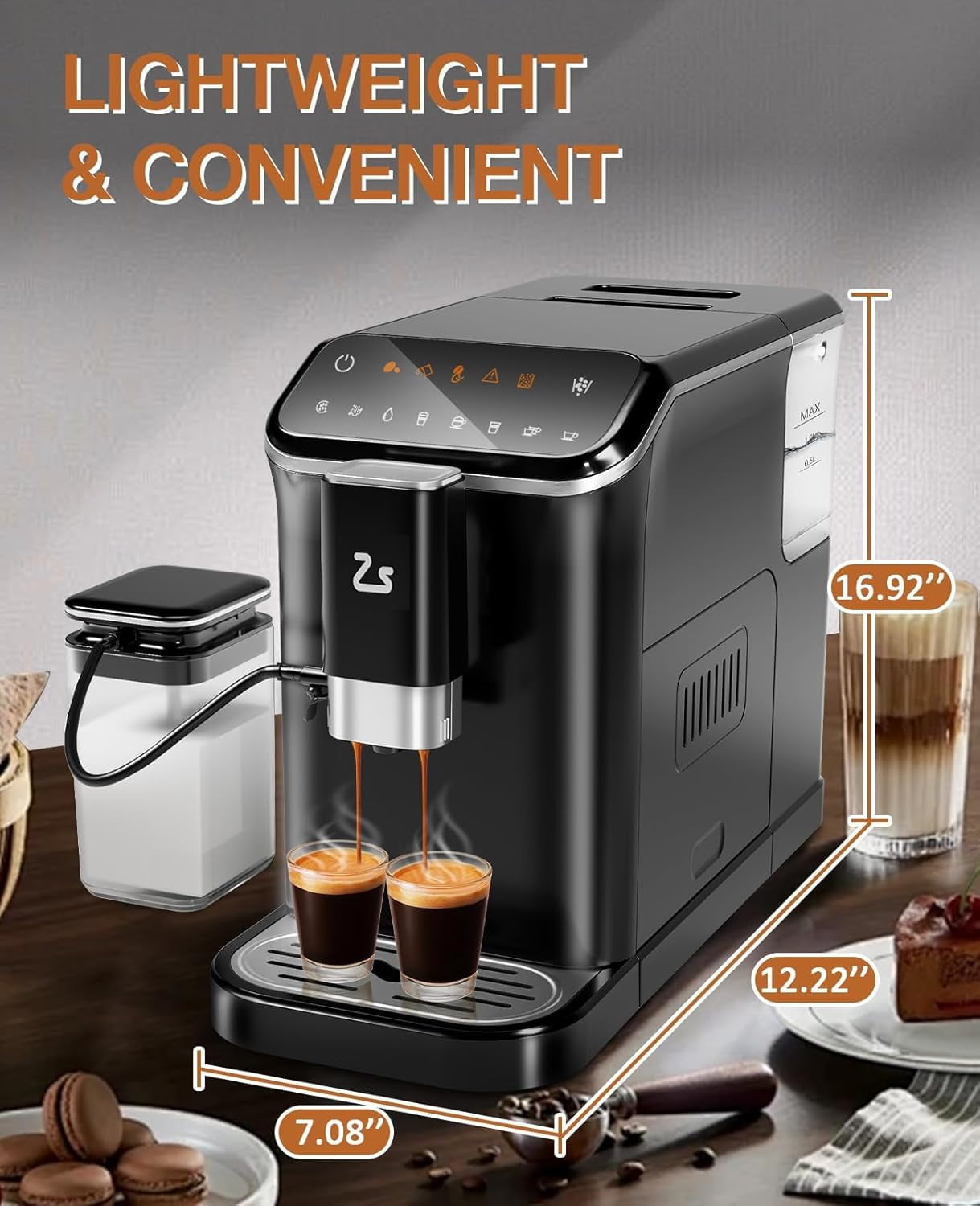 Acekid Automatic Espresso Machine with Milk Frother & Espresso Bean Grinder, 20 Bar Latte Machine, Touch Screen Coffee Machine, 1.5L Water Tank