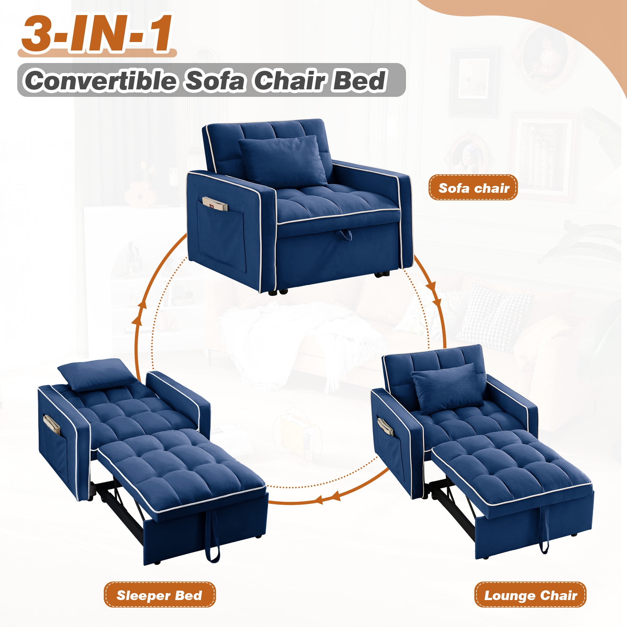 Dinosisco 3-in-1 Convertible Chair Bed, Sleeper Chair Lounge Chair Indoor, Modern Single Pull Out Couch for Living Room, Cobalt Blue Velvet