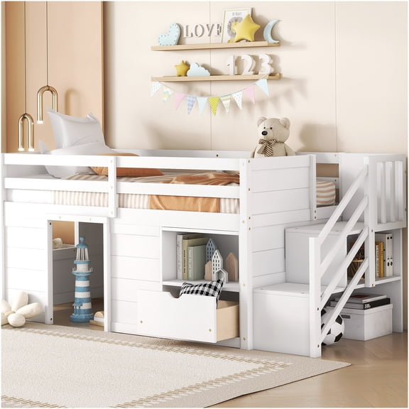 White Twin Low Loft Bed with Stairs, Drawer & Shelf, Solid Pine Wood Bed Frame