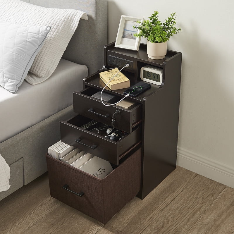 Utopia Alley 2 Drawer LED Nightstand, Night Stand with Fast Charging, 3 USB Ports and 2 Power Outlets, Bedside Table with Open Shelf, 29 inch Nightstand with Lock for Bedroom, Espresso Color