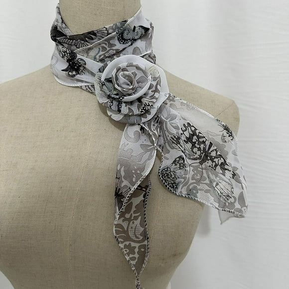 Zhuge Elegante y bufanda, bufanda pequeña larga con decoración de cuello con hebilla de rosa, bufanda de vestir de estilo artístico (blanco)