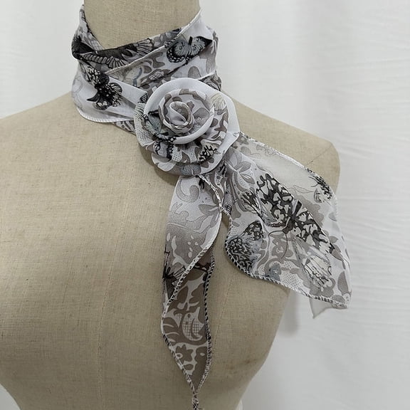 ERDOUY elegant and personalized scarf, long small scarf with rose buckle collar decoration, artistic style dressing scarf (white)