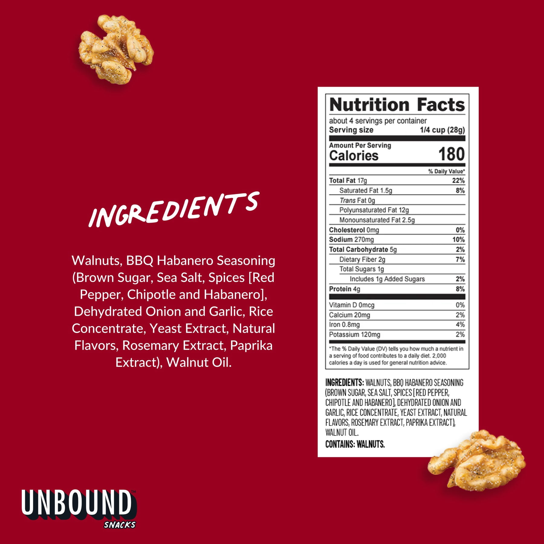 (Pack Of 6) Unbound Snacks Walnuts Bbq Habanero 4 Oz