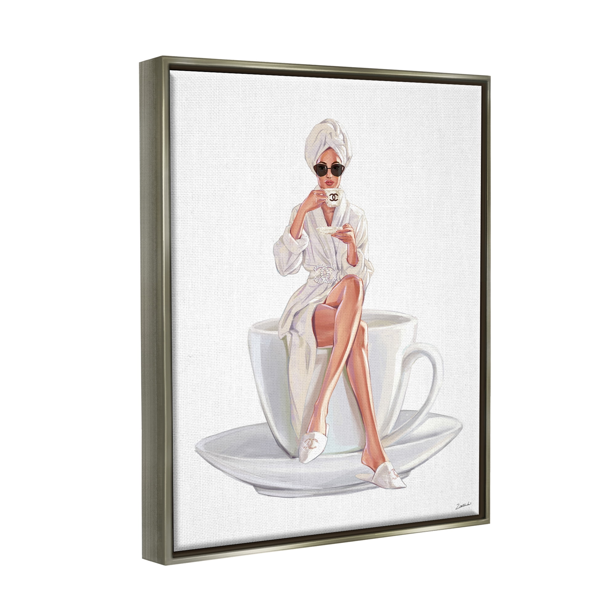 Stupell Industries Chic Woman Robe Coffee Cup Designer Logo Sunglasses Luster Gray Framed Floating Canvas Wall Art, 16x20, by Ziwei Li