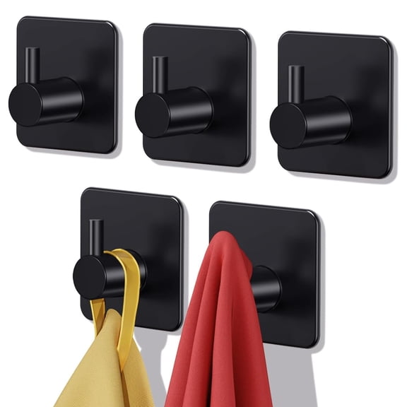 5 Pack Adhesive Hooks Heavy Duty 30lb(Max) Wall Hooks, Self Adhesive Damage Free Towel Rack, Stainless Steel for Coat Robe, Waterproof Oilproof Rustproof for Bathroom Shower Kitchen Office