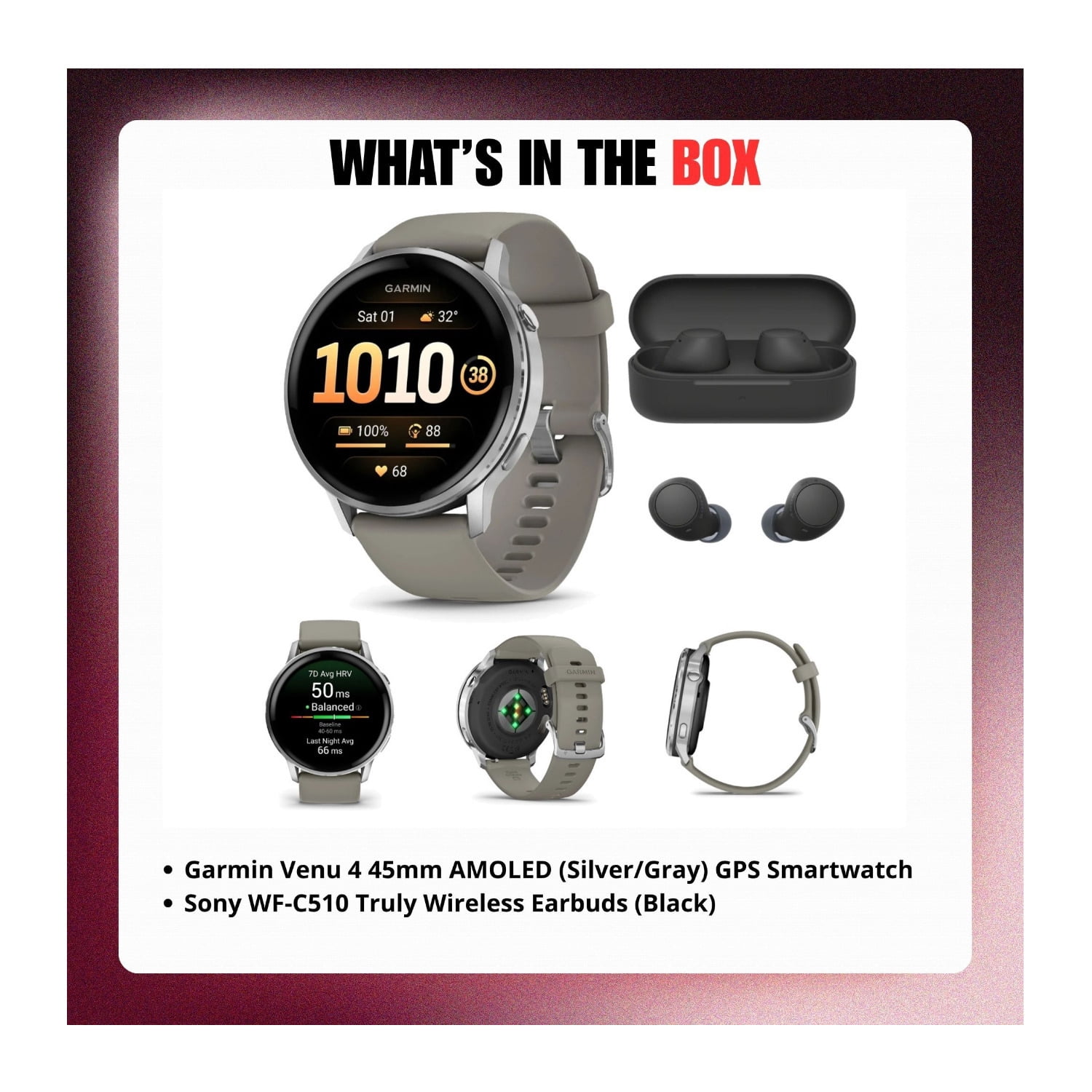Garmin Venu 4 45mm AMOLED (Silver/Gray) GPS Smartwatch Bundle with Wireless Earbuds (2 Items)