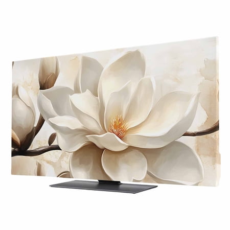 Retro Magnolia TV Dust Cover 75 Inch, White Floral Vintage Pastoral Style Computer Monitor Cover Dustproof Stretchable Indoor TV Screen Protector for LED LCD Universal Monitors