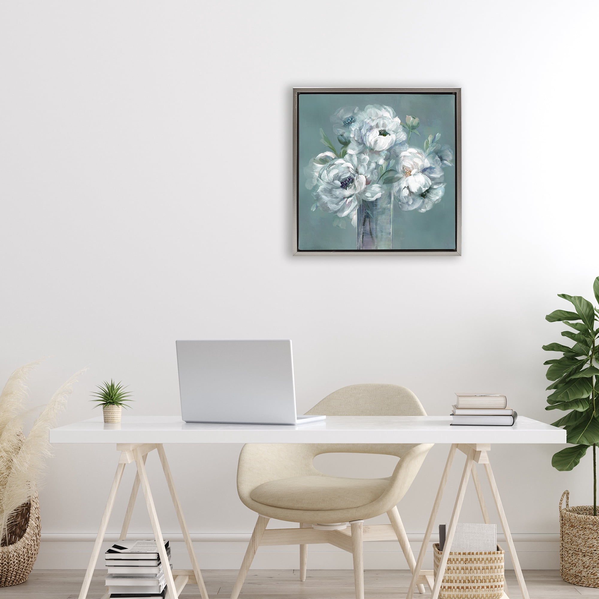Stupell Industries White Peony Impression in Vase Gray Framed Floater Canvas Wall Art, design by Nan
