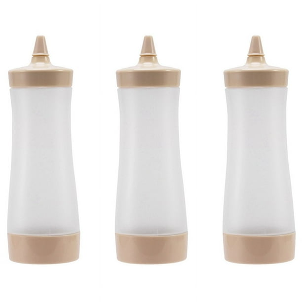 3X Botella exprimible para bote de plástico para salsa, vinagre, aceite, ketchup, vinagrera, dispensador de condimentos, beige y transparente