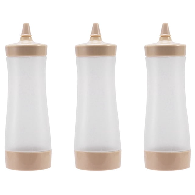 3X Botella exprimible para bote de plástico para salsa, vinagre, aceite, ketchup, vinagrera, dispensador de condimentos, beige y transparente