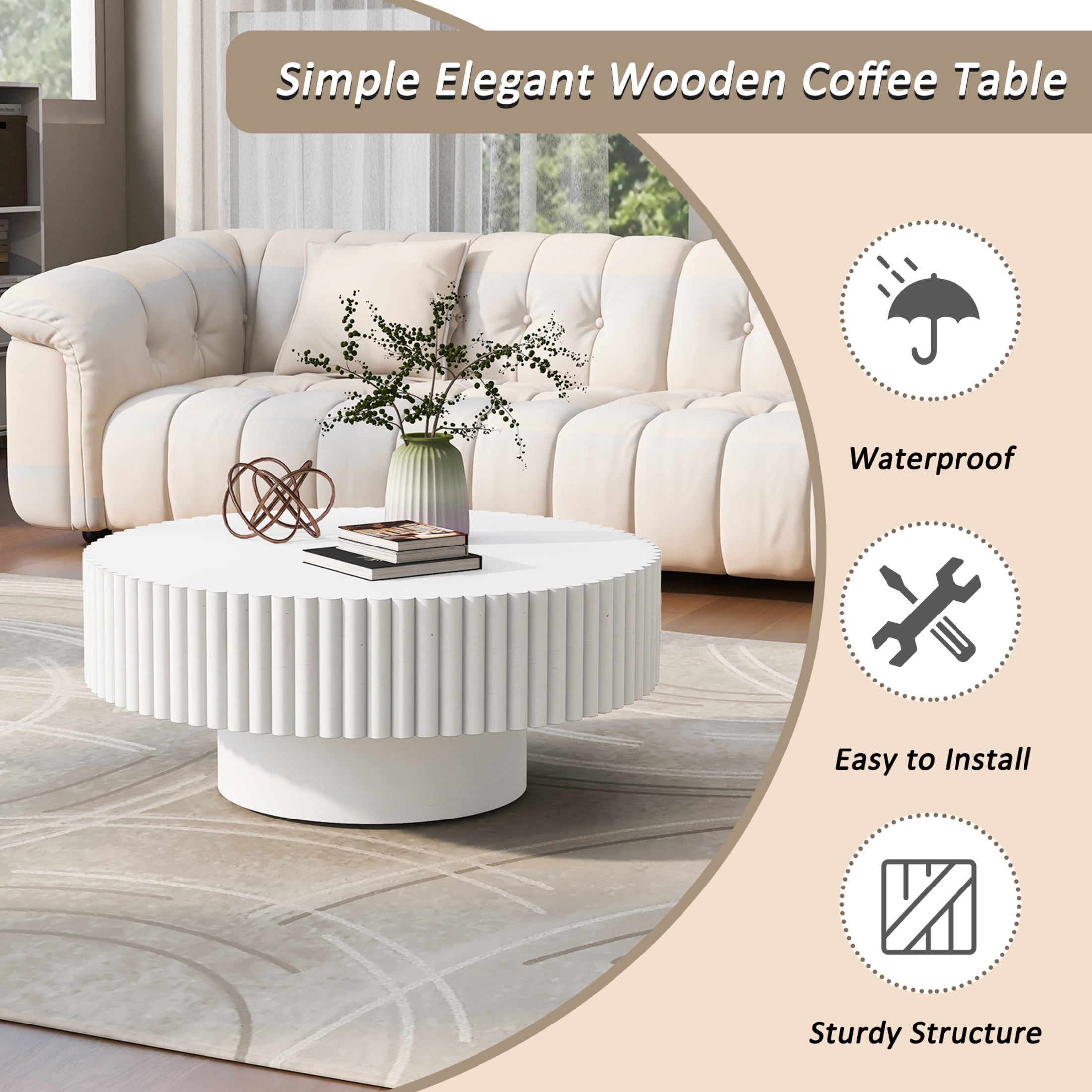Noble House 31.5" Round Fluted Drum Coffee Table, Solid Wood Modern Center Table for Living Room, Retro White