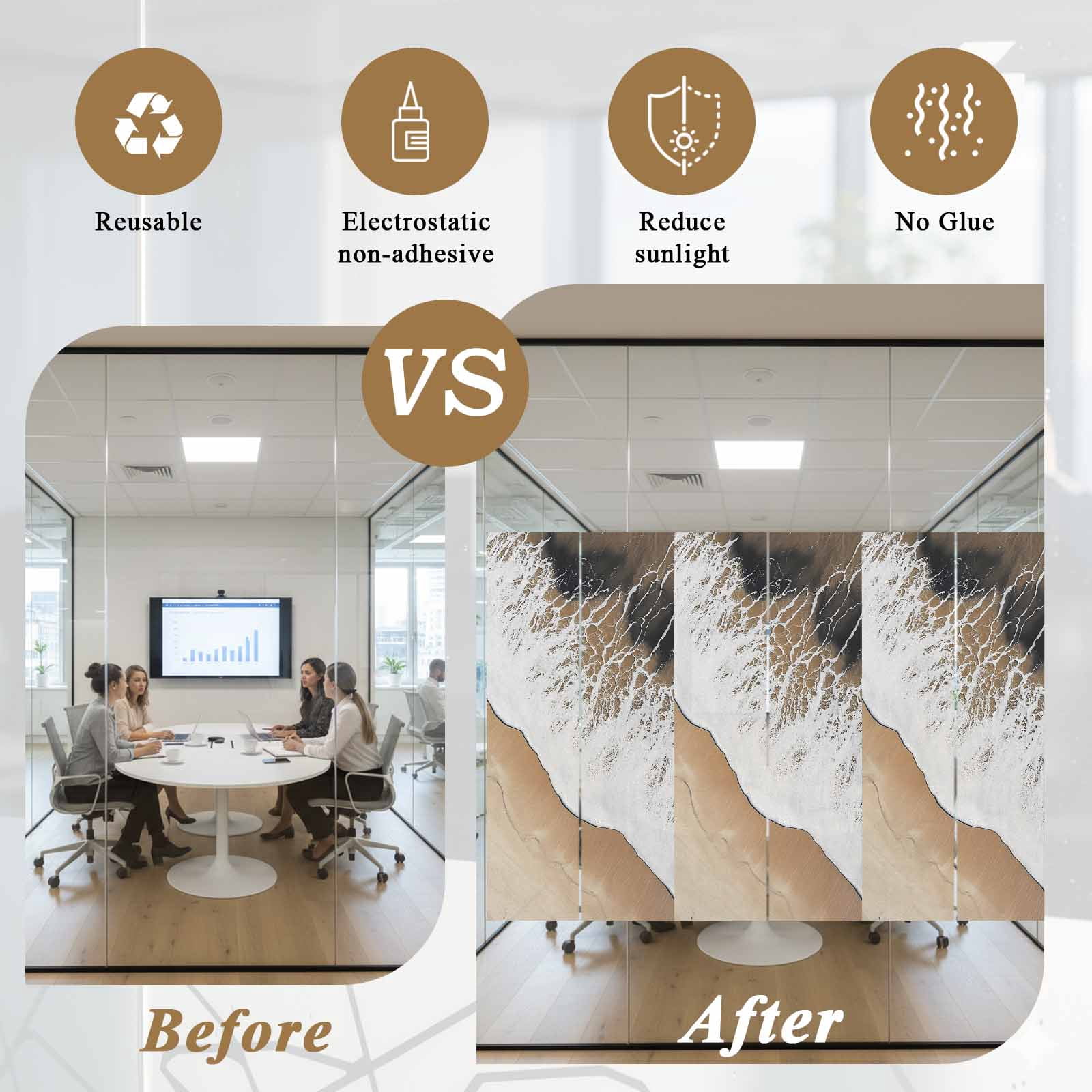 Abstract Wave Effect Window Privacy Film, Brown Gradient Beach Frosted Glass Window Clings Static Cling UV Heat Blocking Reusable Door Sticker for Bathroom 23.6 x 59 Inch