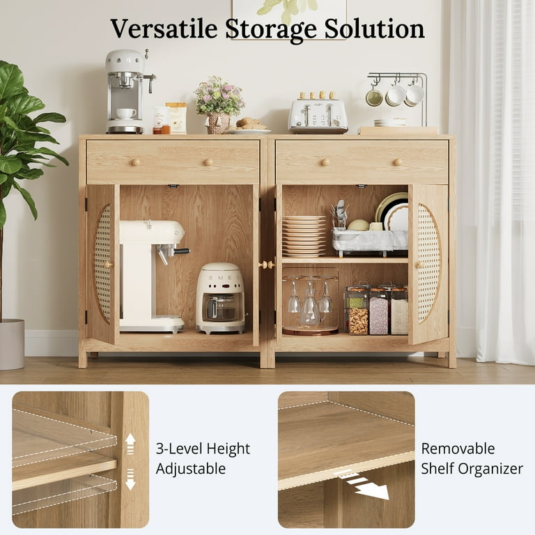 SICOTAS 3-Piece Rattan Buffet Cabinet Set - Boho Sideboard With Adjustable Shelves, Console Table For Living/Dining Room