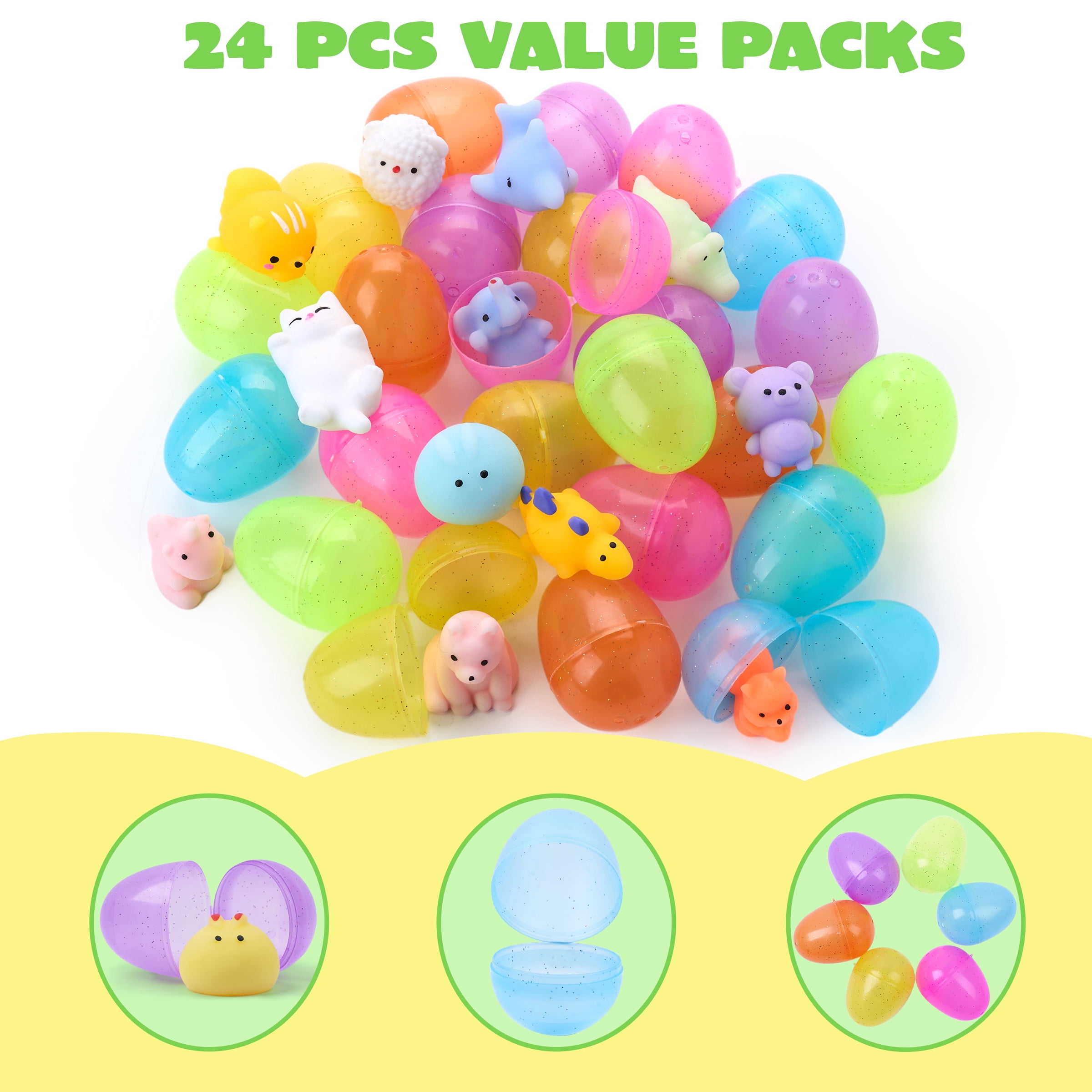 Joyfy 24 Pack Prefilled Glitter Easter Eggs with Toys,Mochi Squishy Small Toys for Easter Eggs,Stuffed Easter Baskets for Toddler Kids