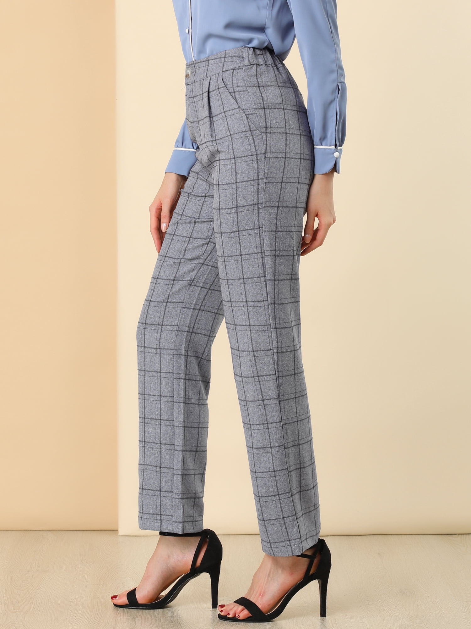 DARING DIVA Women's Plaid Trousers Pockets Straight Leg Casual Pant M Dark Gray