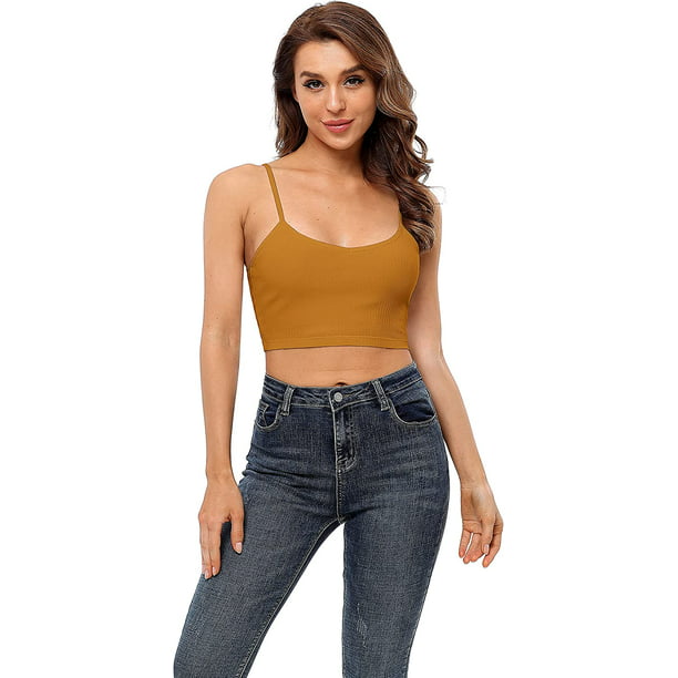 Women's Ribbed Cami Crop Tops Cropped Camisole with Built in Bra Tank Top