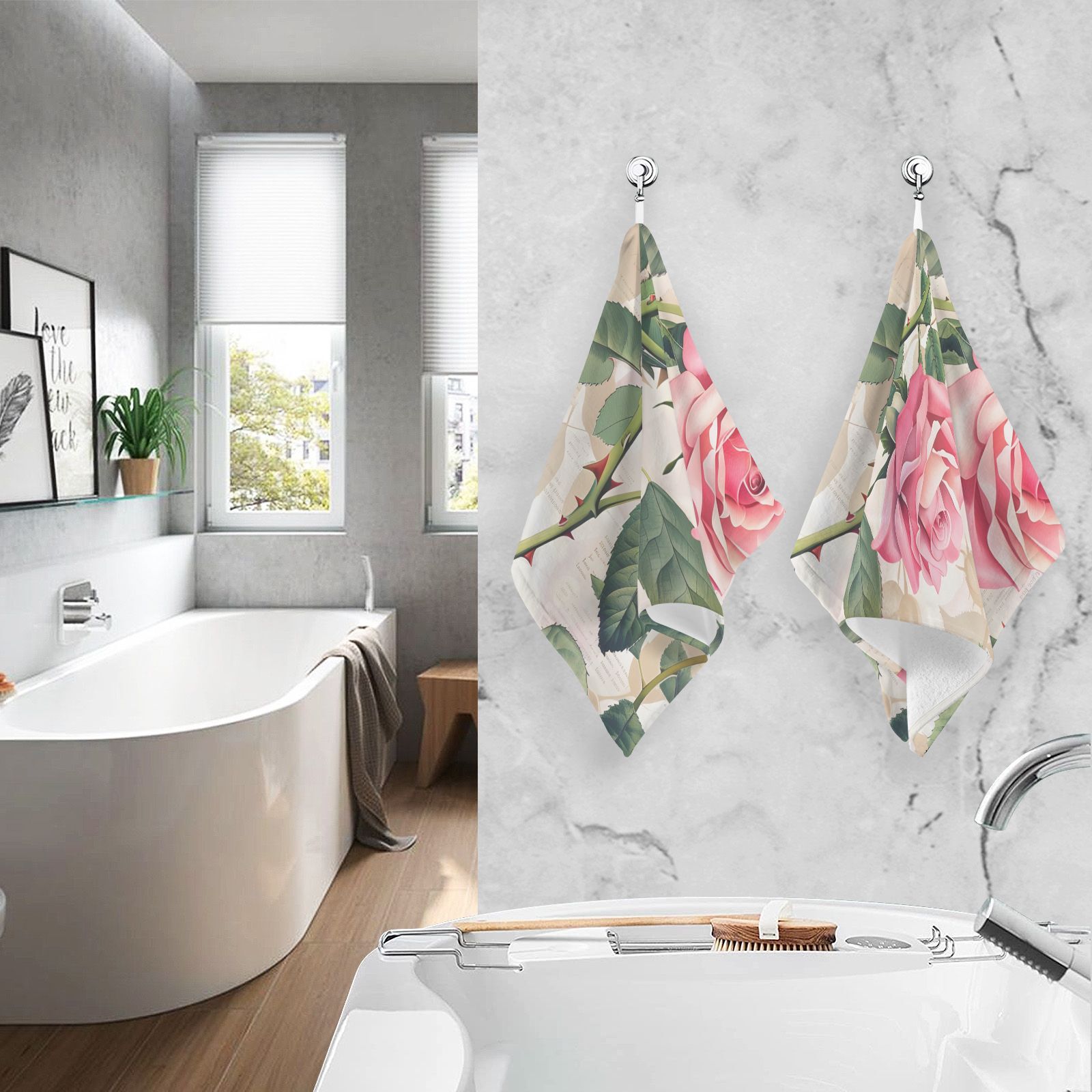 Pink Beautiful Rose Hand Towels Cotton Bath Towels Large Face Towels Absorbent for Bathroom 2 Packs