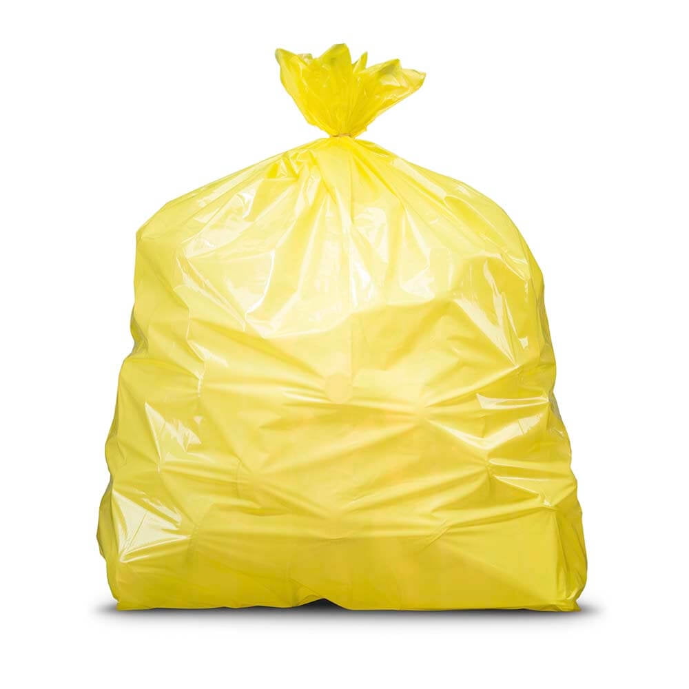 Rolls Of Yellow Trash Bags On White Background Stock Photo