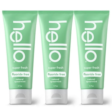 Hello Super Fresh Whitening STF9 Toothpaste, Fluoride Free Toothpaste with Natural Spearmint and Coconut Oil, Vegan, No Peroxide, No Fluoride, No Dyes, Gluten Free, BPA Free, 3 Pack, 4.7 OZ Tubes
