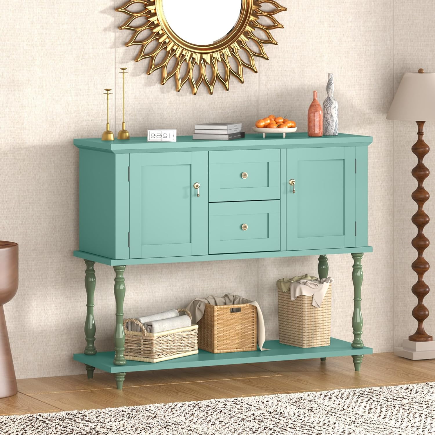 QinaQin Entryway Table with 2 Drawers,Vintage Console Table with Storage Shelf and 2 Doors,Farmhouse Buffet Sideboard Cabinet for Hallway,Entryway,Green