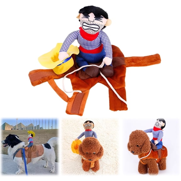 Goowood Dog Costume Cowboy Style Pet Outfit for Small Medium Dogs Cat Halloween Costume with Cowboy Hat Funny Riding Horse Dog Saddle