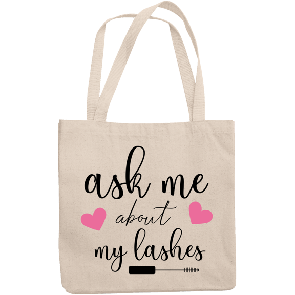 12oz Canvas Tote Bag - Ask Me About My Lashes with Mascara Applicator & Hearts Design - Beauty Themed Merch for Makeup Artist or Cosmetologist, Gift for Makeup Lovers & Beauticians