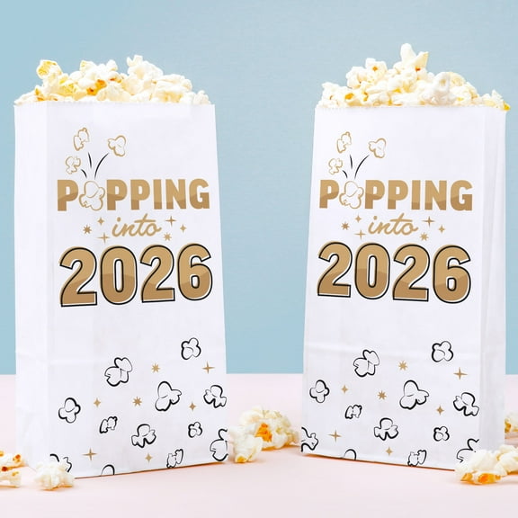 Big Dot of Happiness Hello New Year Popcorn Bags, Black & Gold Popping into 2026 NYE Party Favor Snack Treats, Free-Standing Individual White Paper Bags - 25 Count