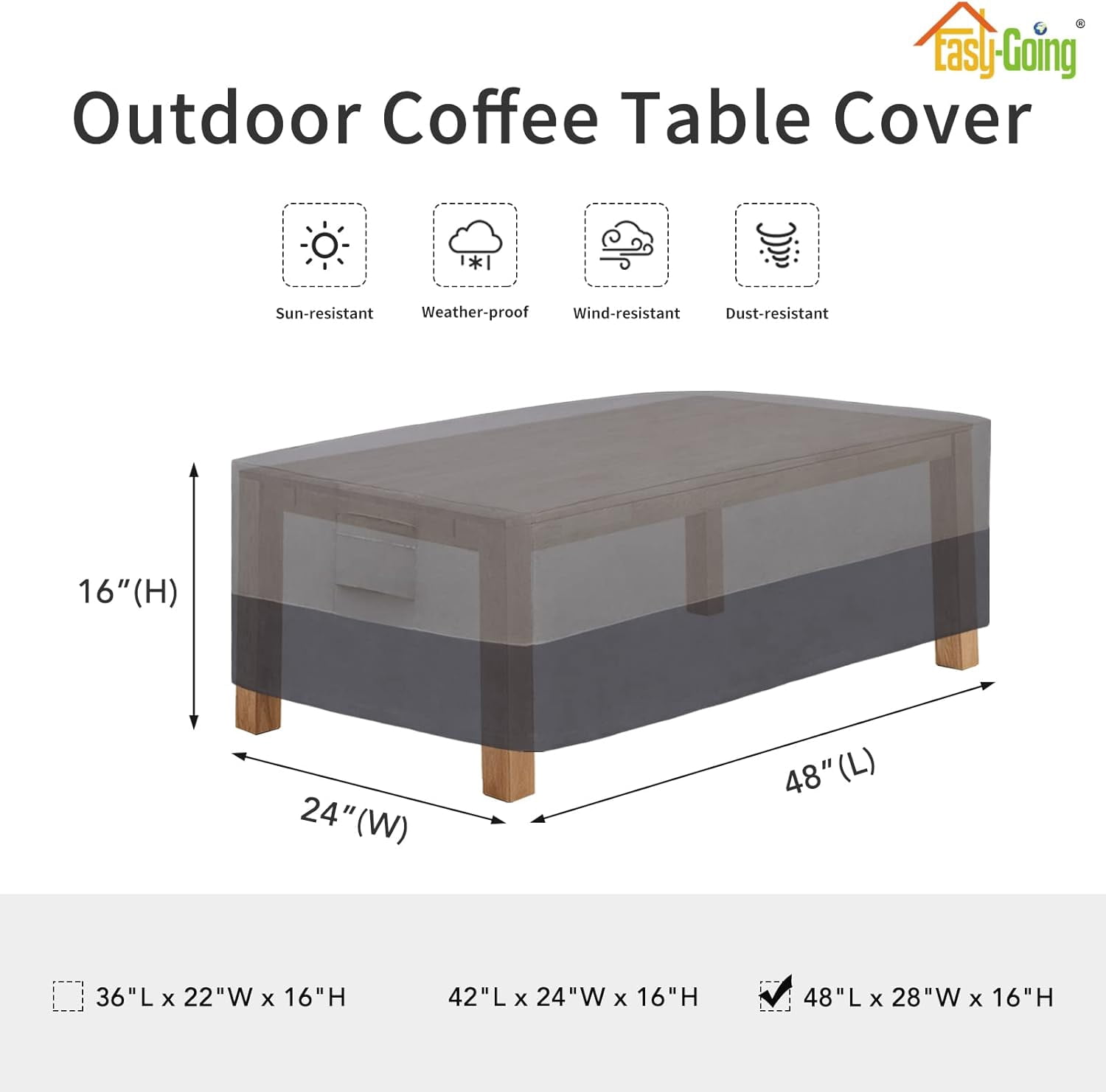 Patio Coffee Table Cover Small Outdoor Rectangular Furniture Ottoman Table Cover, UV Resistant Waterproof (48" Lx28 Wx16 H, Gray/Dark Gray)