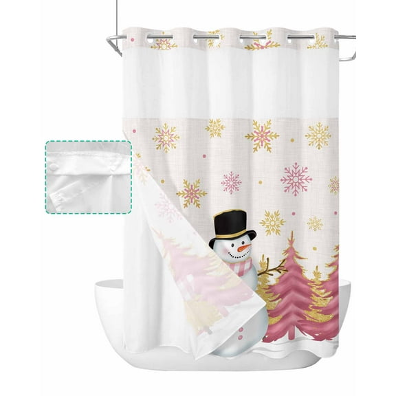 No Hook Shower Curtain with Snap in Liner, Pink Christmas Snowman Snowflake Hotel Shower Curtains for Bathroom, Washable Shower Curtain Liner Set with Mesh Top Window, 48"x72"