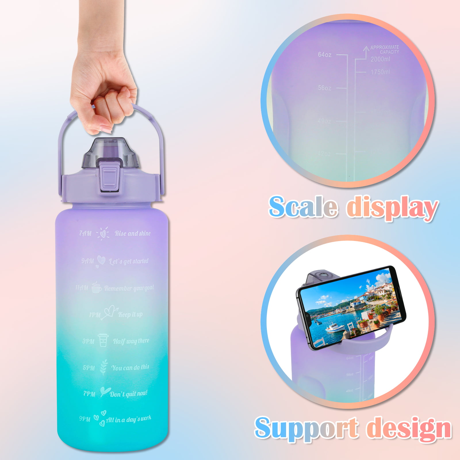 Threns 3 Pack Water Bottles Set with 2L Large Bottle 900ML Portable Bottle  and 500ML Mini Bottle Motivational Drinks Bottle with Time Marker