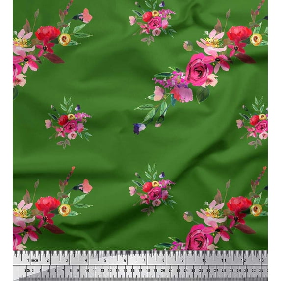 Soimoi Green polyester Crepe Fabric Leaves & Ranunculus Floral Print Fabric by Yard 52 Inch Wide