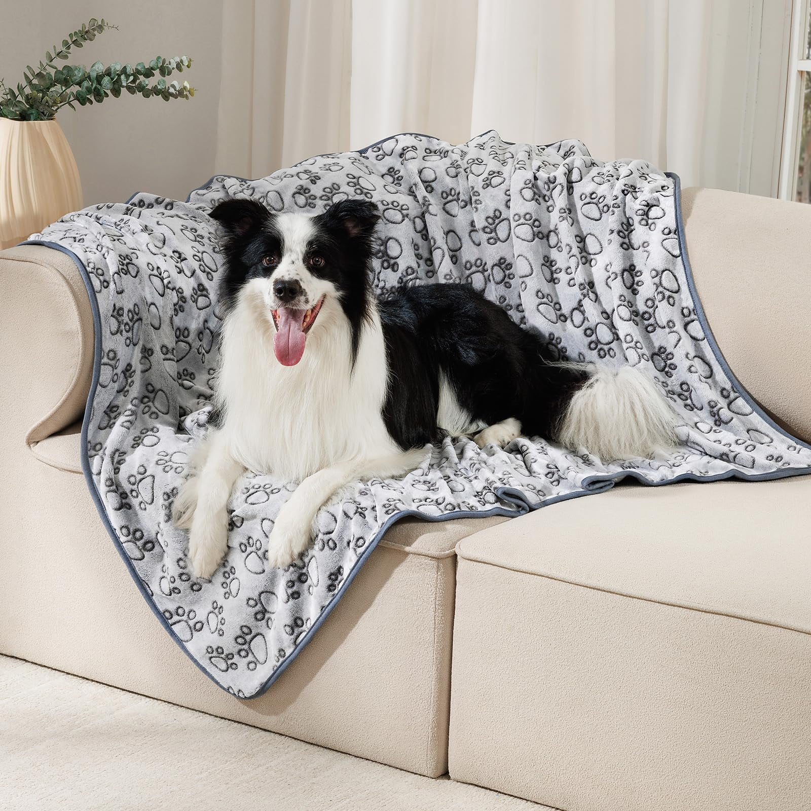 BLRTUN 3 Pack Blankets Fluffy Premium Fleece Pet Blanket Flannel Paw Printed Throw for Dog Cat Grey Paw